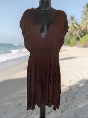 Beach Star brown wrap smocked sleeveless swim cover up